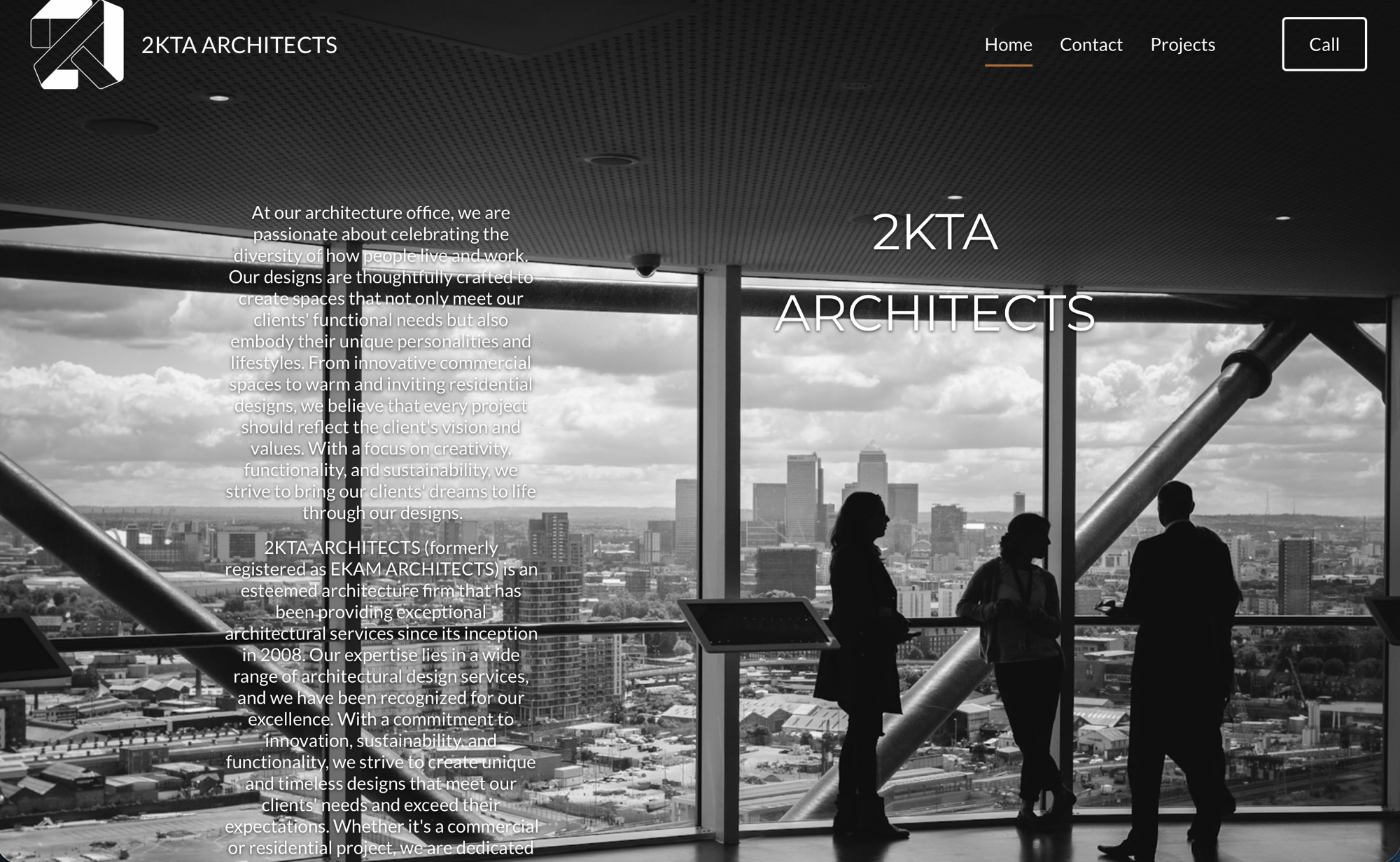 Screenshot of the current 2kta.com homepage — a dark hero photograph with the firm's name and an introduction